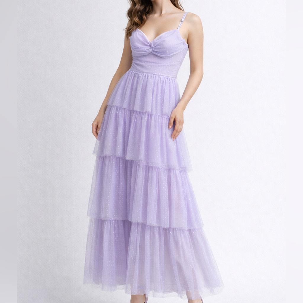 Next/Up Lavender Swiss Dot Tiered Tulle Maxi Dress Size 11/12 Prom Formal Gown